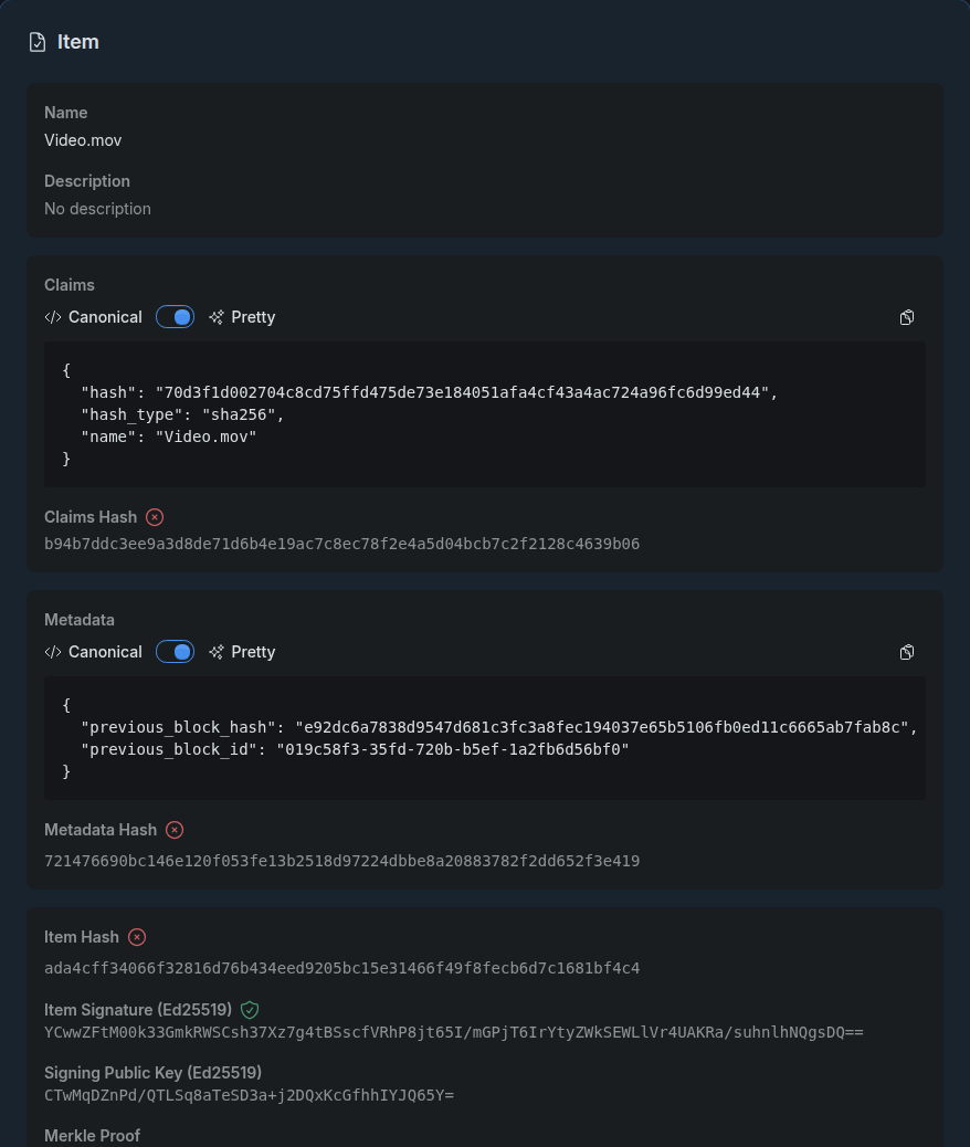 Truestamp item verification showing proof status with blockchain confirmations