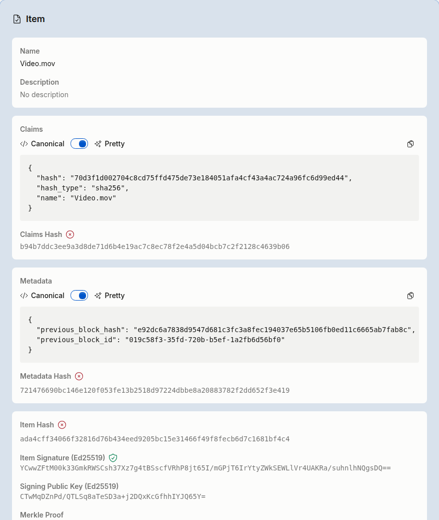 Truestamp item verification showing proof status with blockchain confirmations